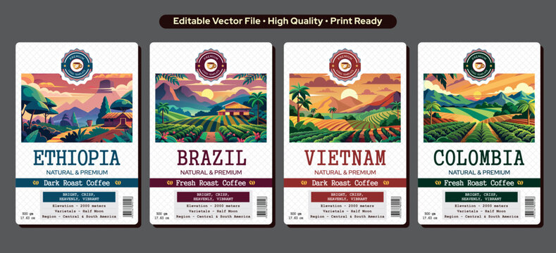 Premium Ethiopian Coffee label design Brazil Coffee Set Sticker Design and Vietnam Coffee Label Template Design with Field Landscapes, Colombia Coffee Label design, Vector Editable Template Download