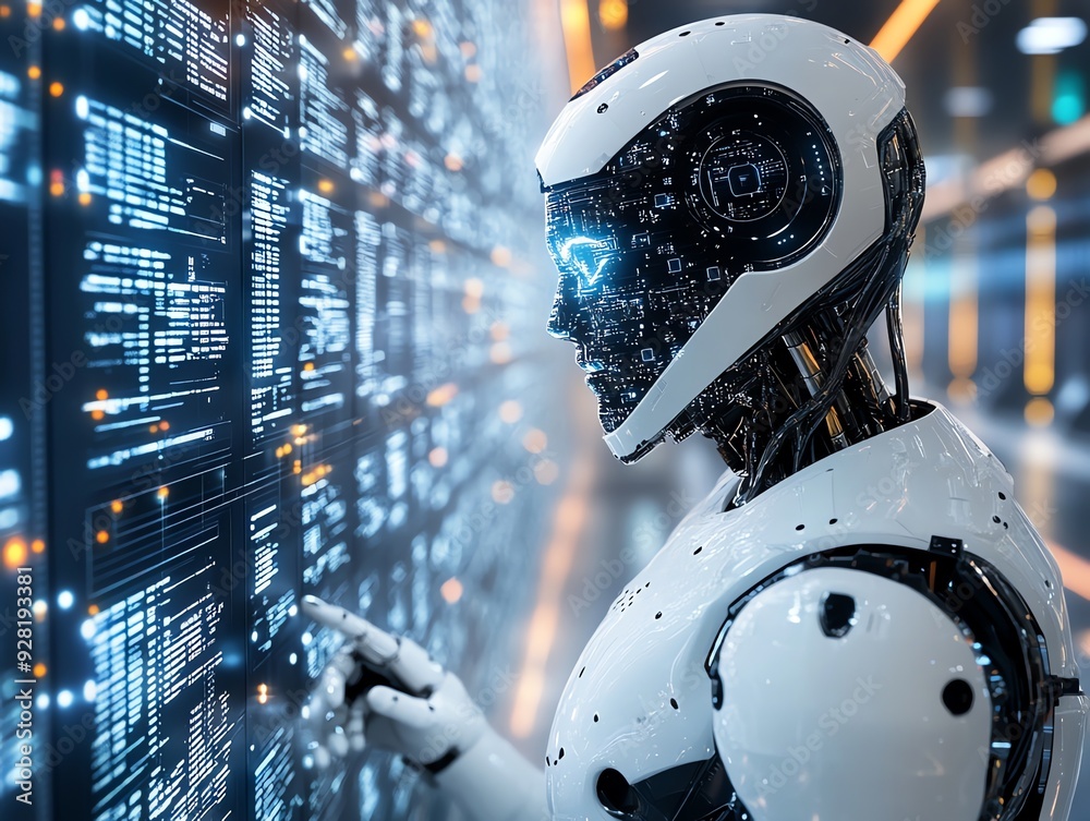 Aufkleber Futuristic Robot Analyzing Data.