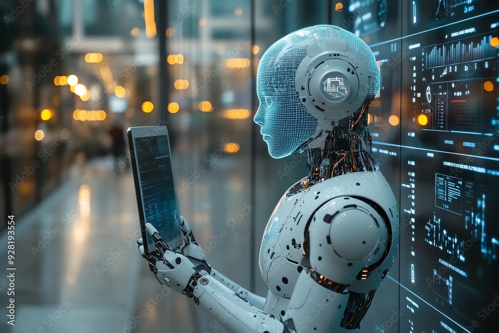 Poster futuristic robot analyzing data on tablet.