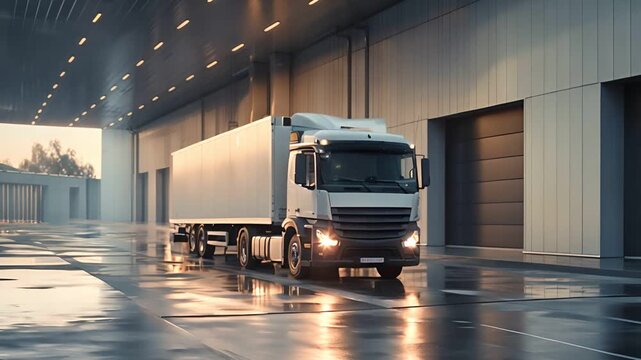 A modern white truck is parked outside a warehouse, ready for loading and transportation during the early morning hours.