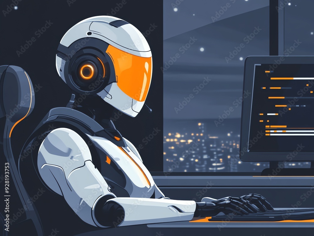 Poster Futuristic Robot Coding at Night.