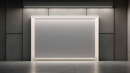 front view of a blank, white, glowing computer panel inside a dimly lit hallway with a black wall and a concrete floor. Concept for the presentation. Sketchup, 3D Animation