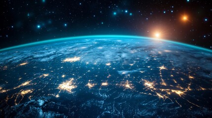 Obraz premium Earth at night with city lights and stars.