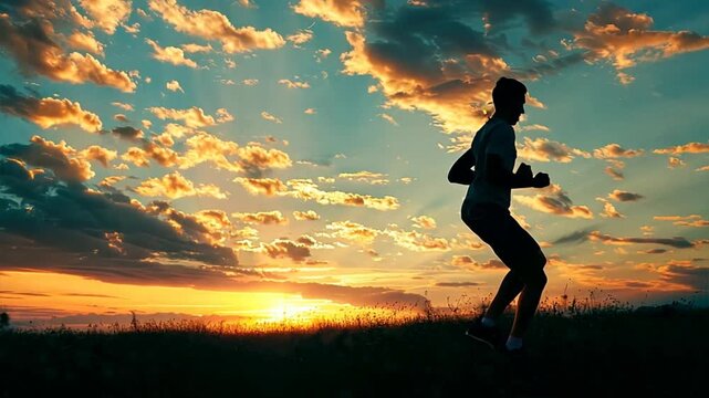 Running Towards the Horizon: A silhouette of a determined runner against a vibrant sunset sky, capturing the essence of perseverance, freedom, and the pursuit of goals.  
