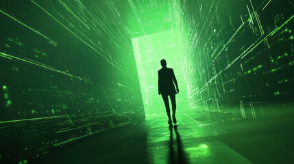 silhouette of a person walking in high-tech concept art featuring glowing green lights.