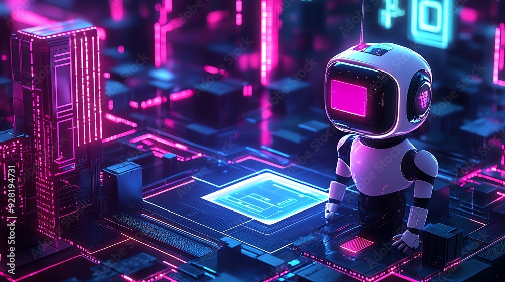 Poster futuristic robot exploring a neon cityscape.