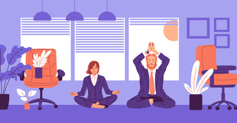 Vector illustration a man and a woman meditating in the lotus position in the office