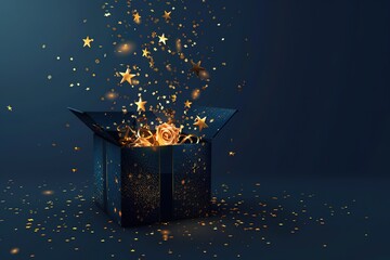 A magical gift box bursts open with golden stars and confetti on a dark background.