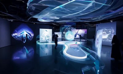 People walking through an art gallery with large screens displaying abstract images.