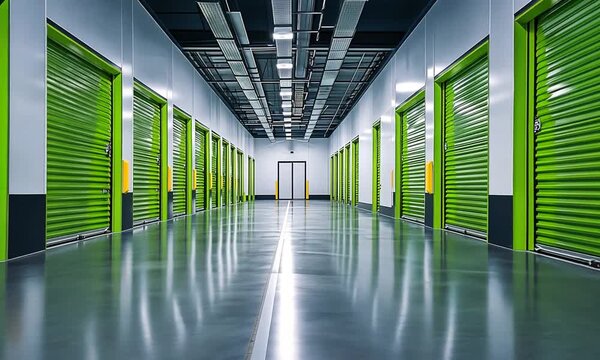 Row of green storage unit doors in a clean, well-lit hallway.