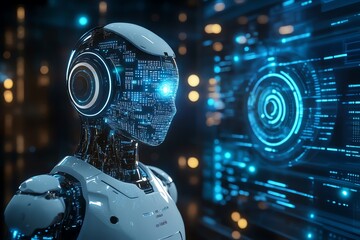 Futuristic Robot Head with Blue Glowing Lines.