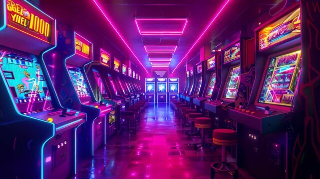 Bright neon lights illuminating a nostalgic arcade game room with rows of classic arcade machines