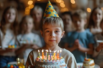 A child with a party hat smiles with a birthday cake in front of him as others wait.