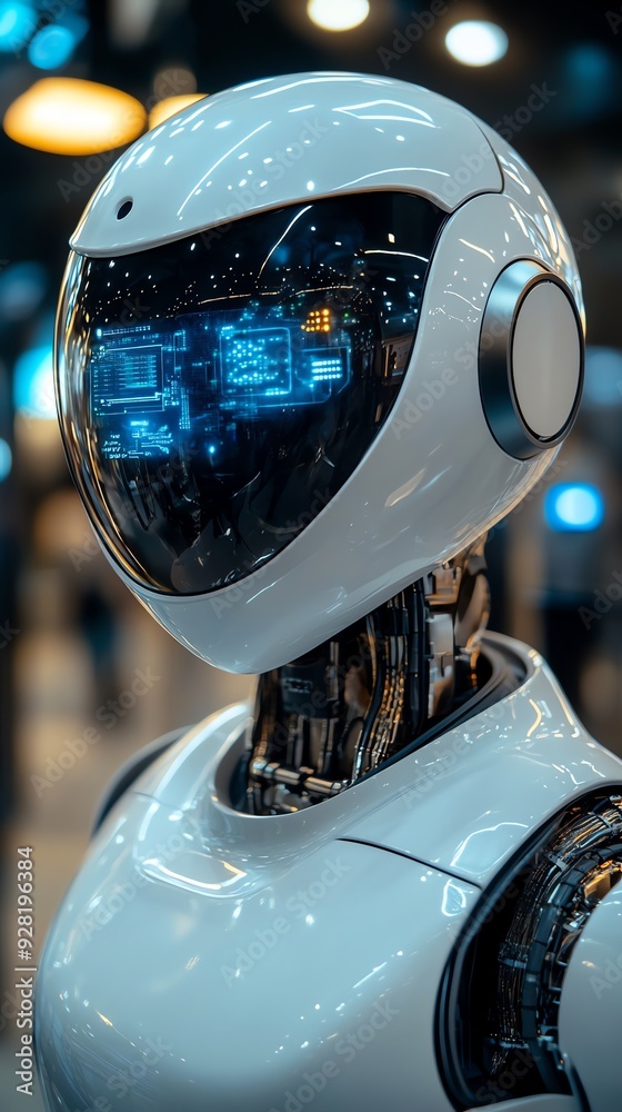 Poster futuristic robot head with digital display.