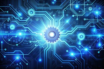 Futuristic abstract background with glowing blue circuits, wires, and gears, representing cutting-edge innovation, technology, and progress in a futuristic digital landscape.