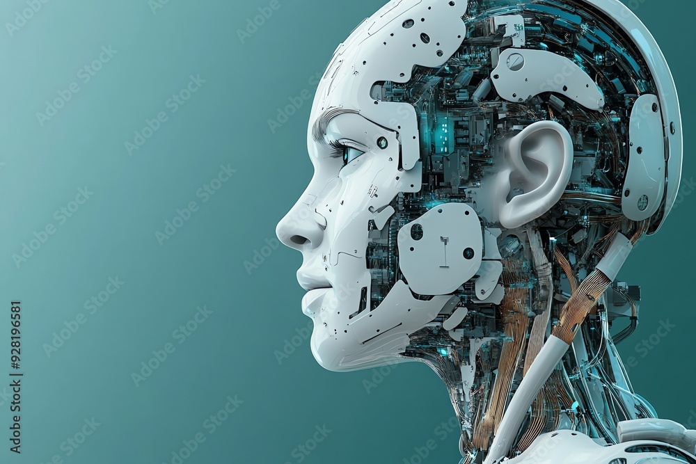 Aufkleber futuristic robot head with exposed circuitry.