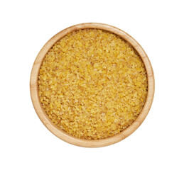 top view flat lay pile of bulgur or burghul wheat isolated on white background in wood bowl