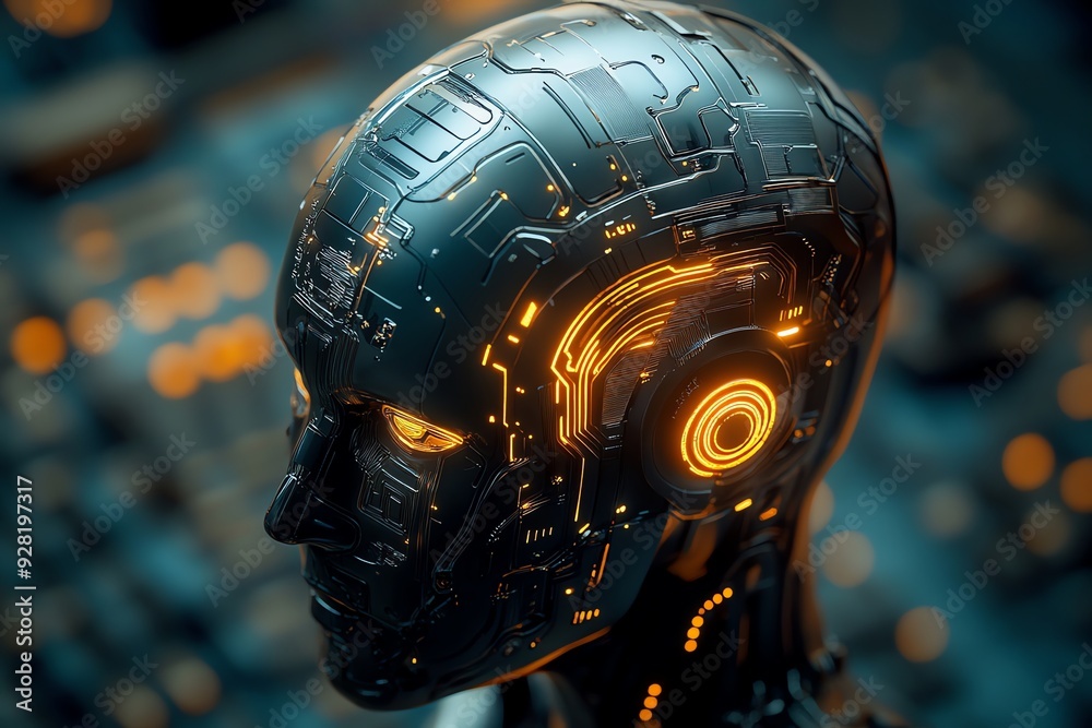 Aufkleber futuristic robot head with glowing circuits.