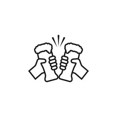 Hands holding beer glasses. Clink, cheers and toasting. Outline vector icon on white background. 