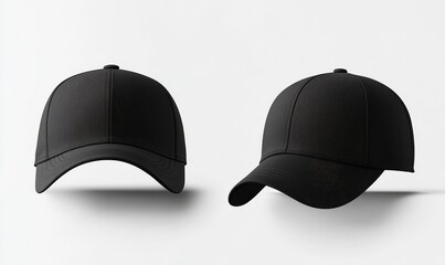 Set of black front and side view hat baseball cap on white background cutout file. Mockup template for artwork graphic design, Generative AI