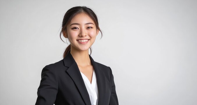 A Smiling Asian woman in black business attire radiates professionalism and approachability, with her well lit face showcasing expressions of confidence and poise on white background.