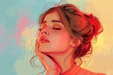 Portrait of young woman with sore throat on colorfull background