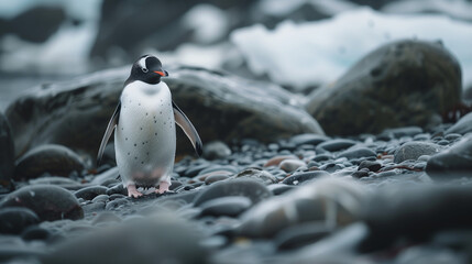Naklejka premium Antarctic Wanderer: Photograph of a Penguin Navigating Through Rocky Terrain
