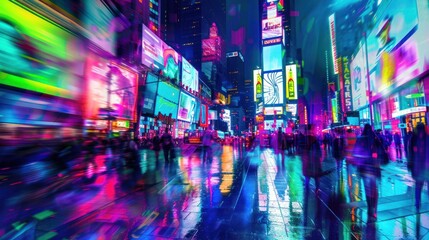Obraz premium Neon Lights and Blurry Figures in Times Square