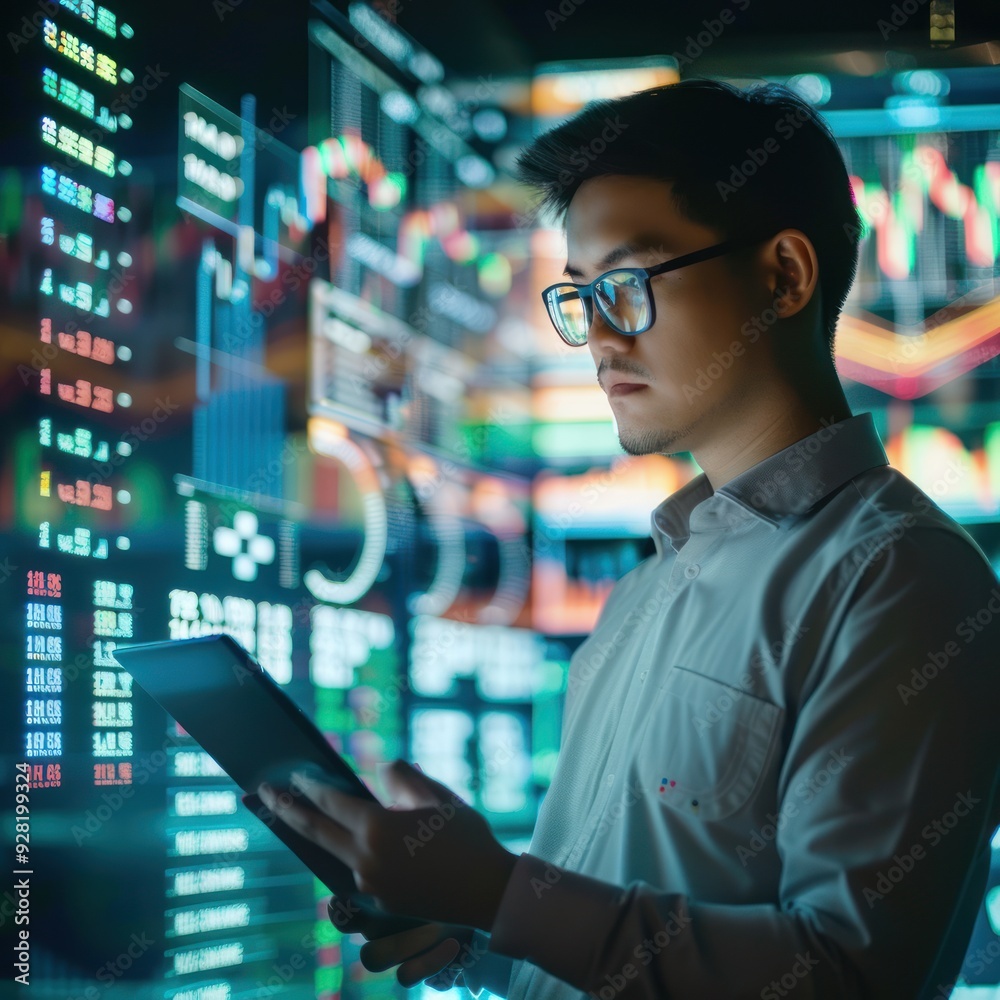 Poster man analyzing data on a tablet