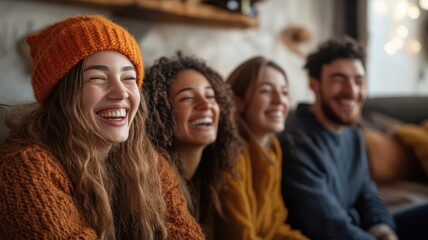 Supportive group of friends sharing a laugh in a cozy living room, highlighting social interaction to combat stress