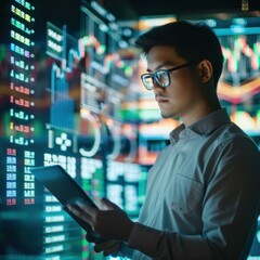 Fototapeta premium Man Analyzing Data on a Tablet