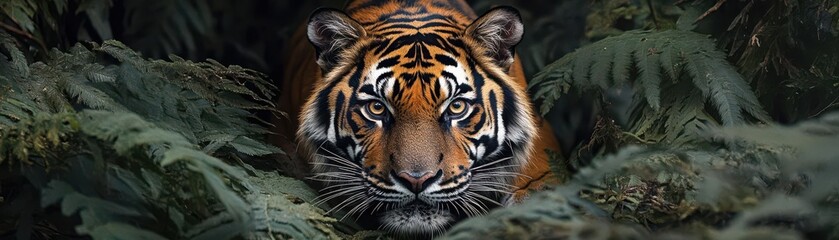 Fototapeta premium Stealthy tiger stalking prey through dense jungle foliage, highlighting hunting instincts