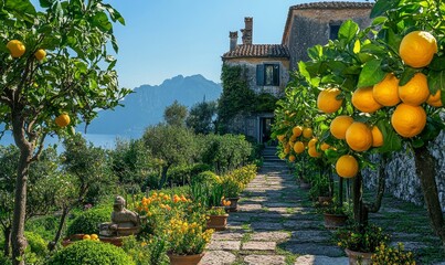 Lemons growing in a sunny garden on Amalfi coast in Italy, Generative AI