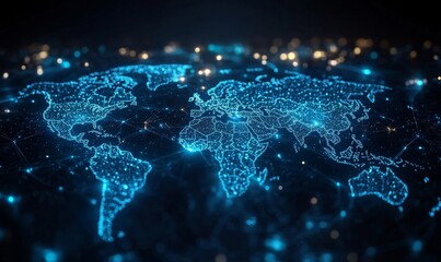 Glowing world map on dark background. Globalization concept. Communications network map of the world. Technological futuristic background. World connectivity and global networking, Generative AI