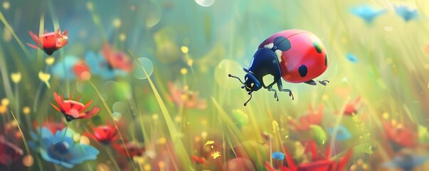Ladybug Flying Above a Field of Colorful Flowers