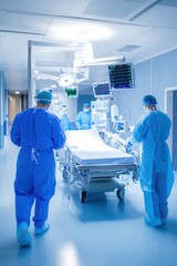 Obraz premium A modern hospital room equipped with ionizing radiation diagnostics shows healthcare professionals in action