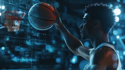 Basketball player shooting a hoop, motion sensors tracking their movements, with a futuristic digital interface overlay showing stats and improvement.