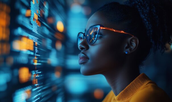 AI cyber security threat illustration, black african american female IT specialist analysing data information technology, augmented reality artificial, Generative AI - Powered by Adobe