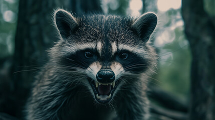 angry racoon  in forest  with open mouth showing sharp teeth ready to attack