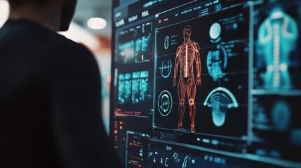 Close-up of a digital interface showing muscle activation patterns during an athletes performance in a sports science lab.