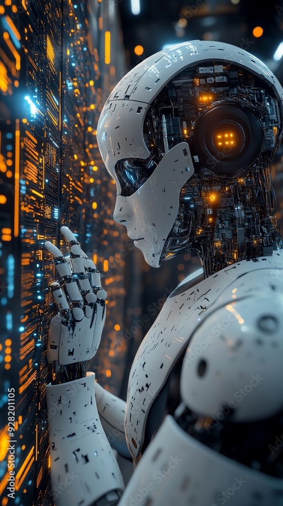 Aufkleber Futuristic robot interacting with data stream.