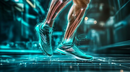Close up of athletics muscular leg during a jump, with digital lines and graphs highlighting muscle activation and joint movement.