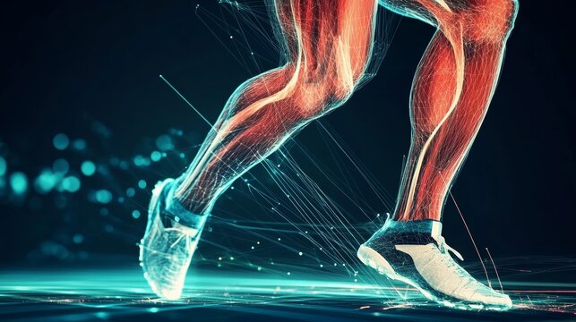 Close up of athletics muscular leg during a jump, with digital lines and graphs highlighting muscle activation and joint movement.