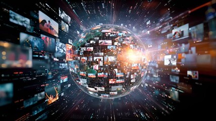 Digital globe surrounded by multimedia screens, representing global connectivity