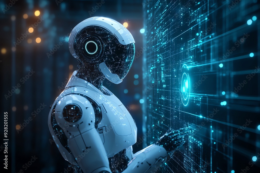 Poster Futuristic robot interacting with digital interface.
