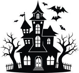 hallowen haunted house silhouette illustration black and white