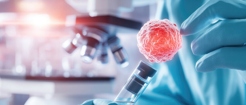 Explore advanced medical technology in a biotechnology lab showcasing holographic visualization of stem cell research processes and discoveries.