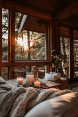 a cozy, beautifully decorated wooden cabin with a view outside, snowy winter, cozy atmosphere with a couch and a blanket and candles