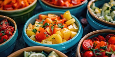 Close up of assorted colorful dishes filled with products for a nutritious diet