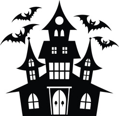 hallowen haunted house silhouette illustration black and white